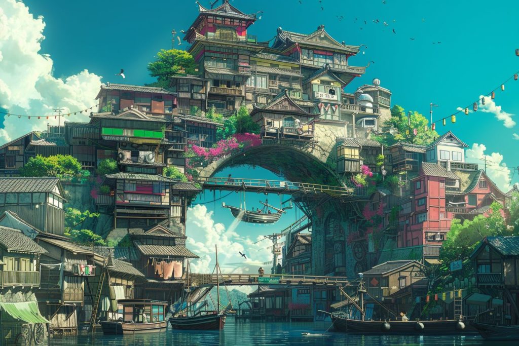 Oriental-Style Arch Buildings Above the River AI Artwork 7