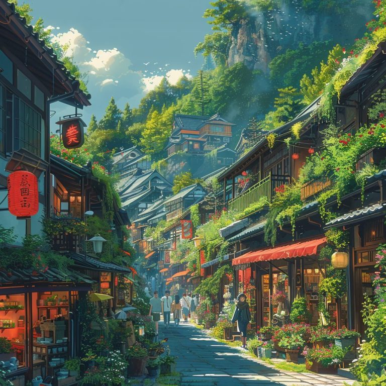 A Row of Shops Covered in Nature and Flowers – Anime Vibes