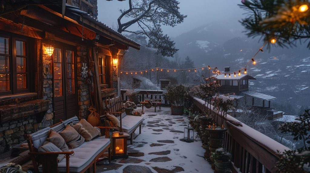 Rustic Porch with a Snowy Village View AI Artwork 10