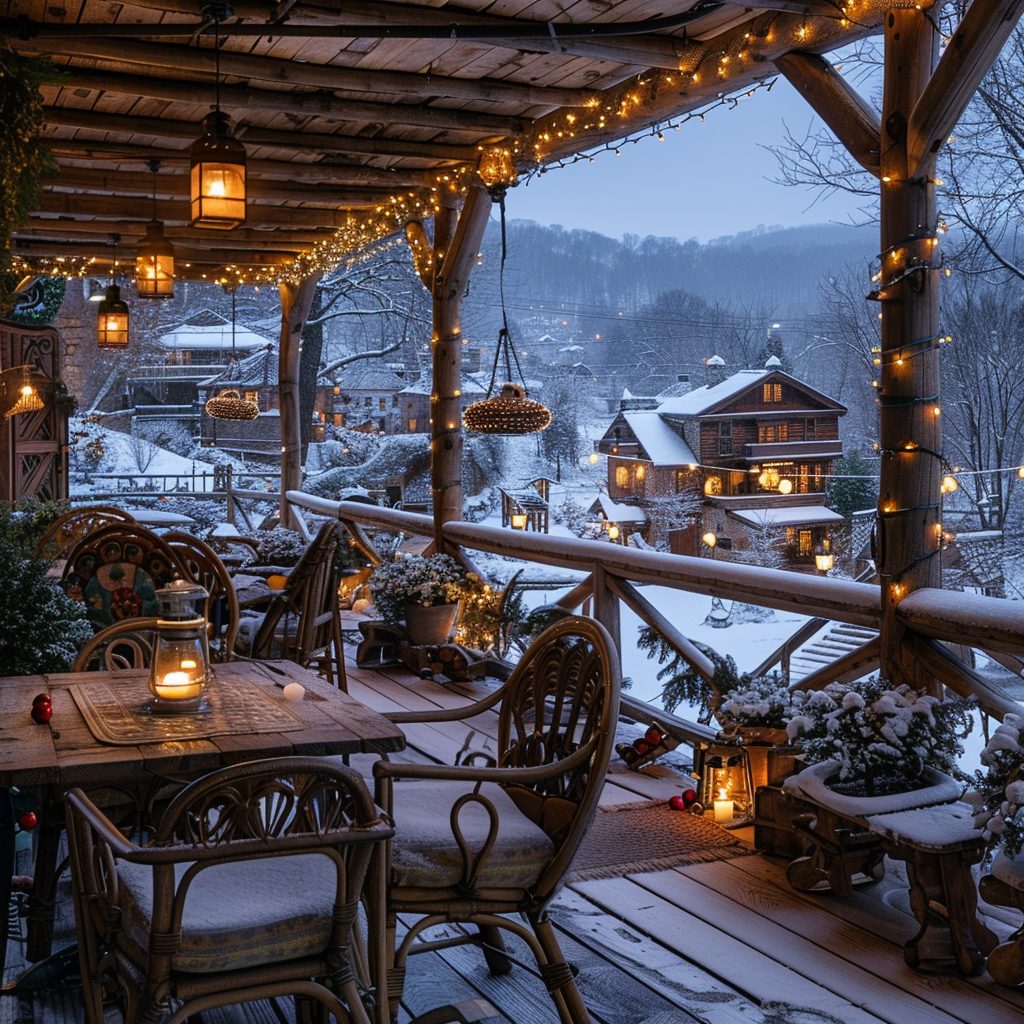 Rustic Porch with a Snowy Village View AI Artwork 11