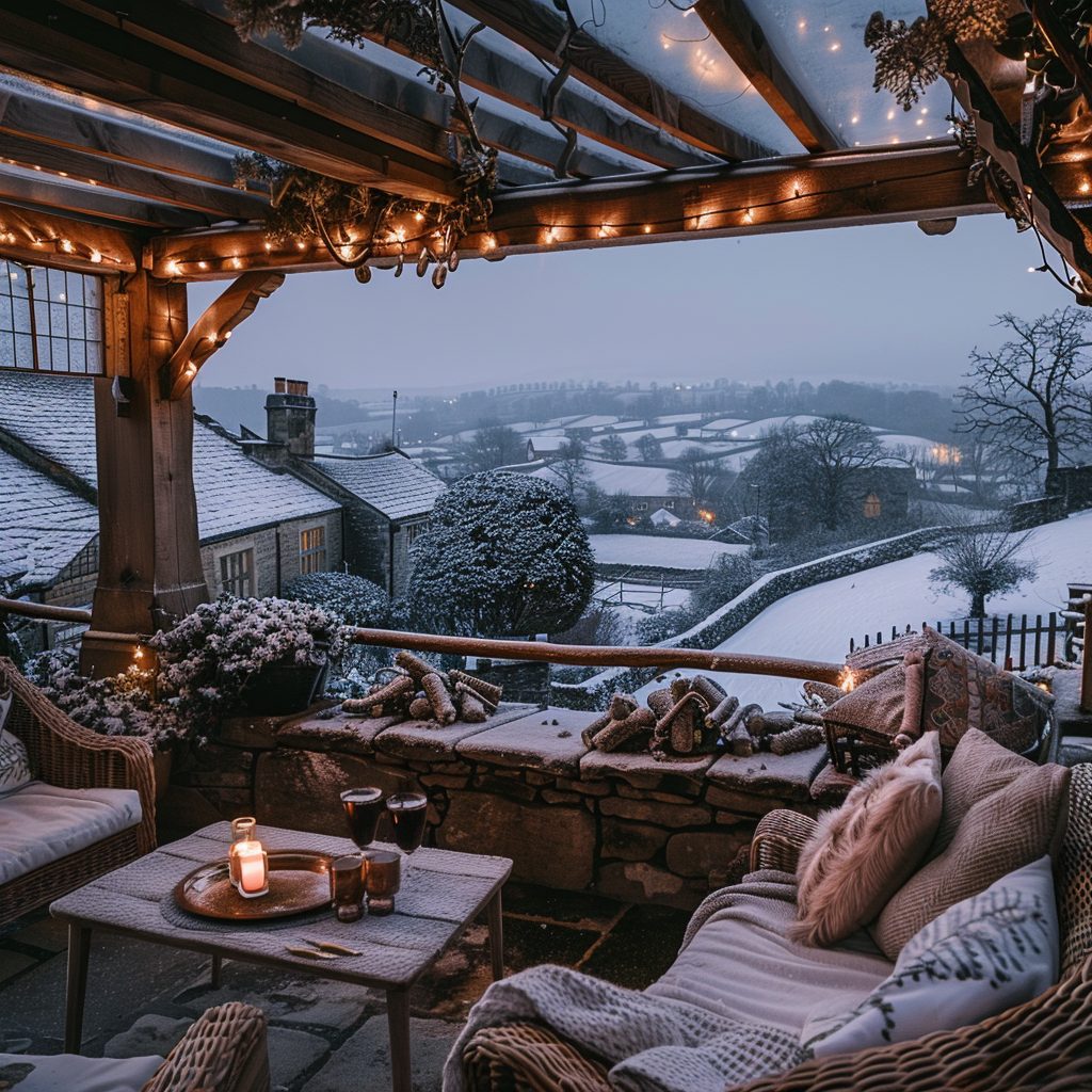 Rustic Porch with a Snowy Village View AI Artwork 12