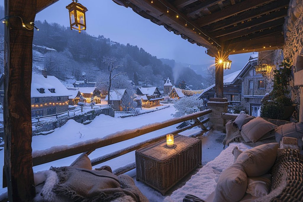Rustic Porch with a Snowy Village View AI Artwork 13