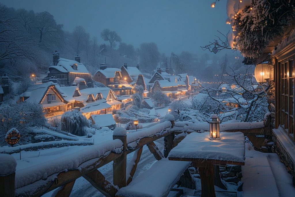 Rustic Porch with a Snowy Village View AI Artwork 14