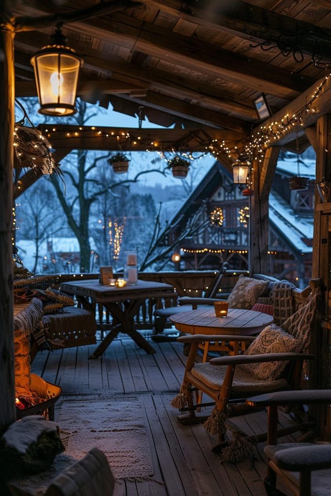 Rustic Porch with a Snowy Village View AI Artwork 16
