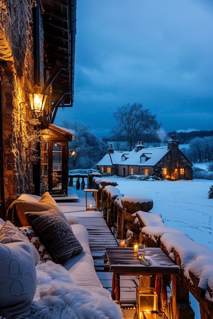 Rustic Porch with a Snowy Village View AI Artwork 17