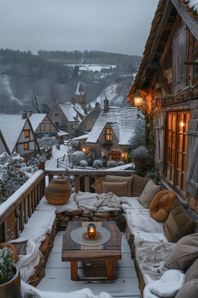 Rustic Porch with a Snowy Village View AI Artwork 20