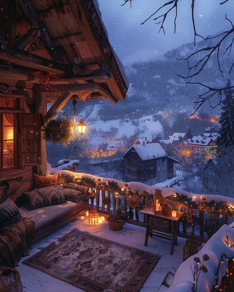 Rustic Porch with a Snowy Village View AI Artwork 26