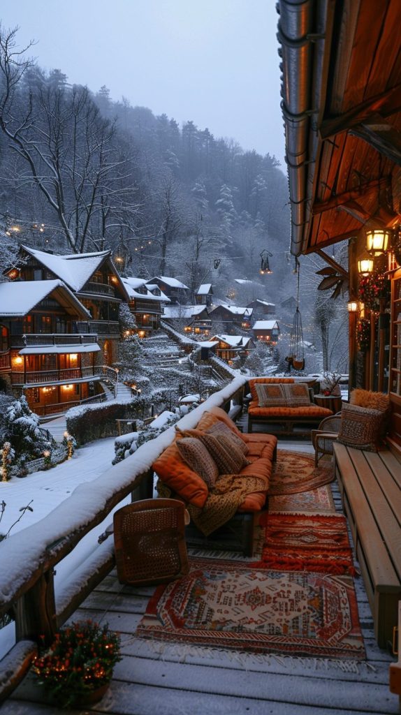 Rustic Porch with a Snowy Village View AI Artwork 2