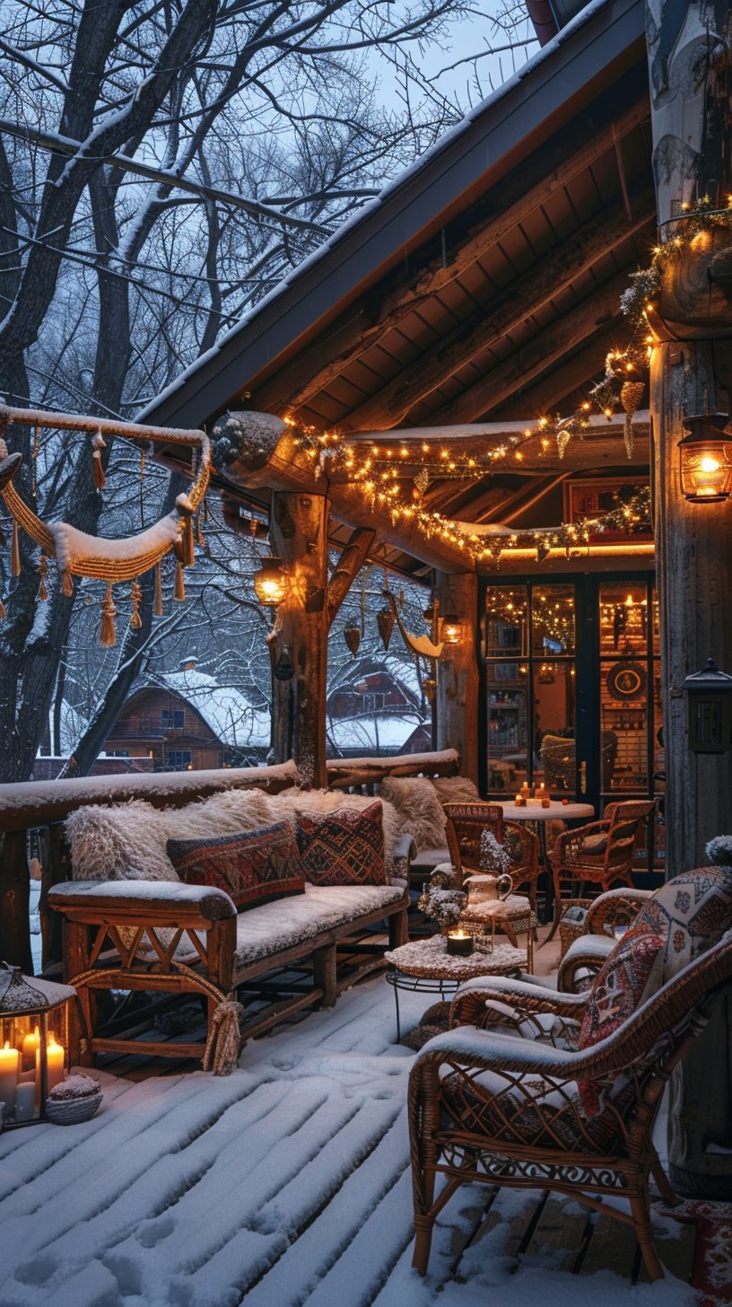 Rustic Porch with a Snowy Village View
