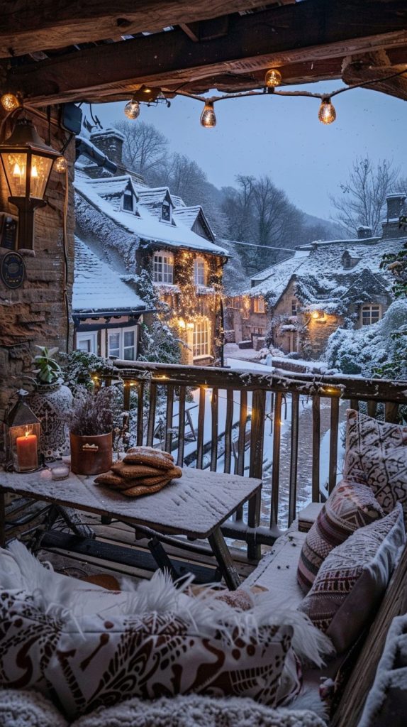 Rustic Porch with a Snowy Village View AI Artwork 4