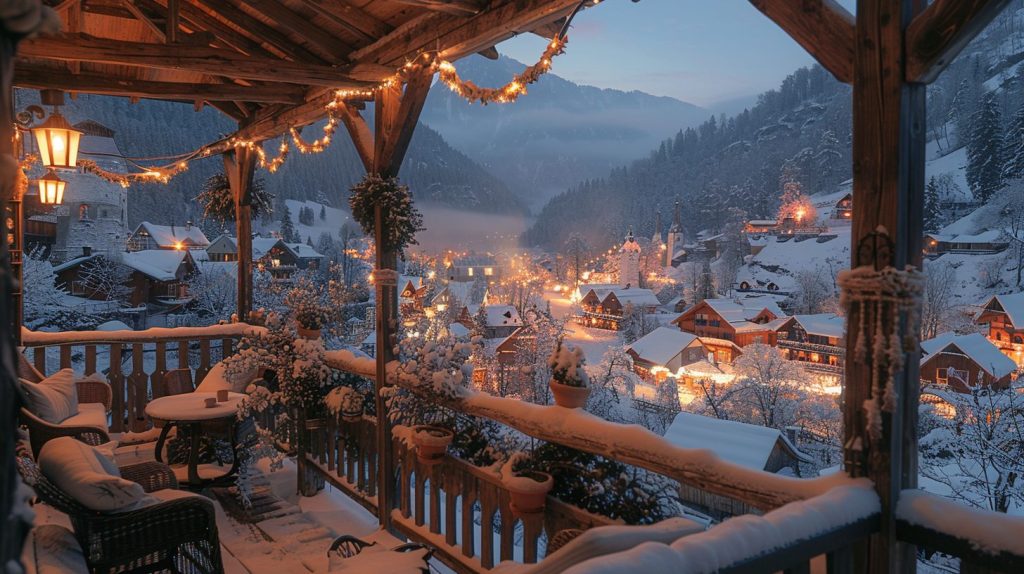 Rustic Porch with a Snowy Village View AI Artwork 7