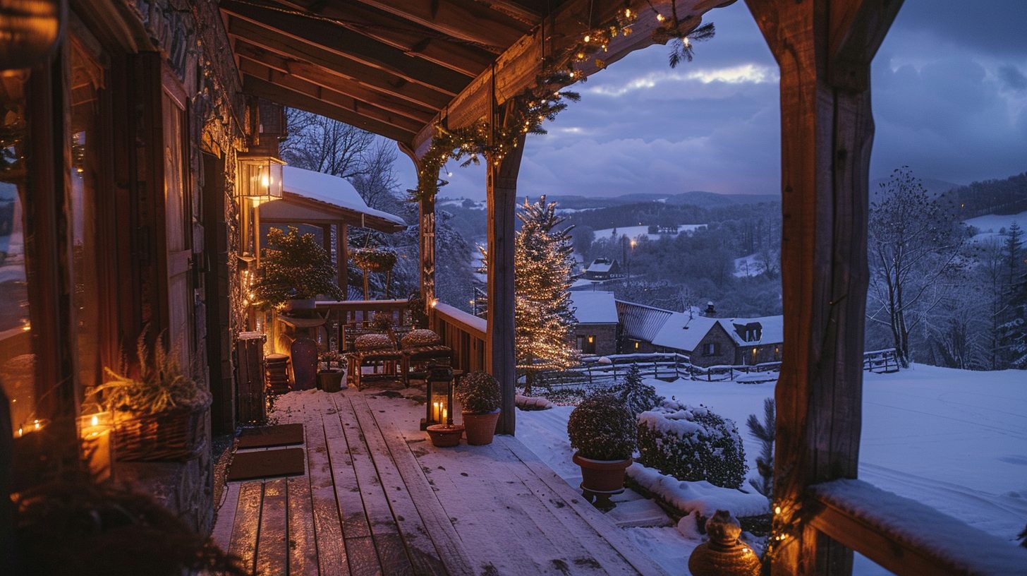 Rustic Porch with a Snowy Village View