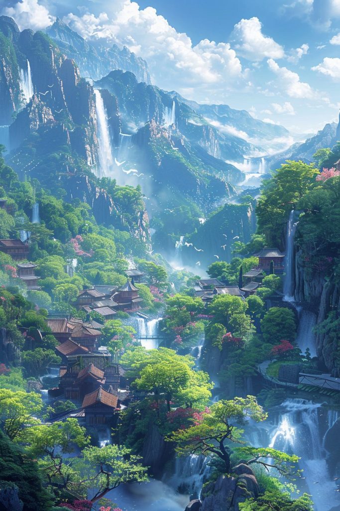 Aerial View of a Japanese Village with Beautiful Landscapes - Anime Vibes AI Artwork 23