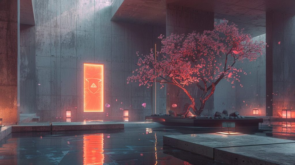 Brutalist-Style Concrete House Interiors with Cherry Blossom Trees AI Artwork 10