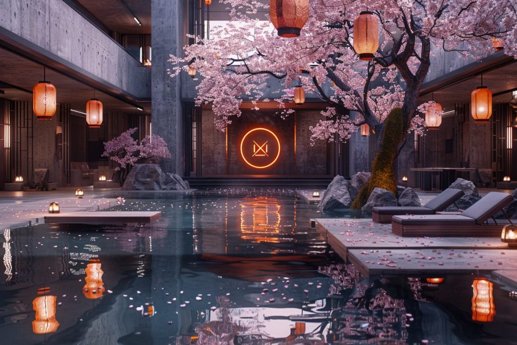 Brutalist-Style Concrete House Interiors with Cherry Blossom Trees AI Artwork 14