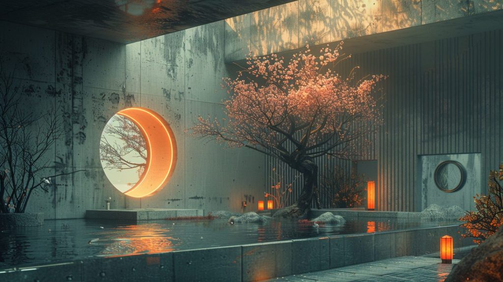 Brutalist-Style Concrete House Interiors with Cherry Blossom Trees AI Artwork 5