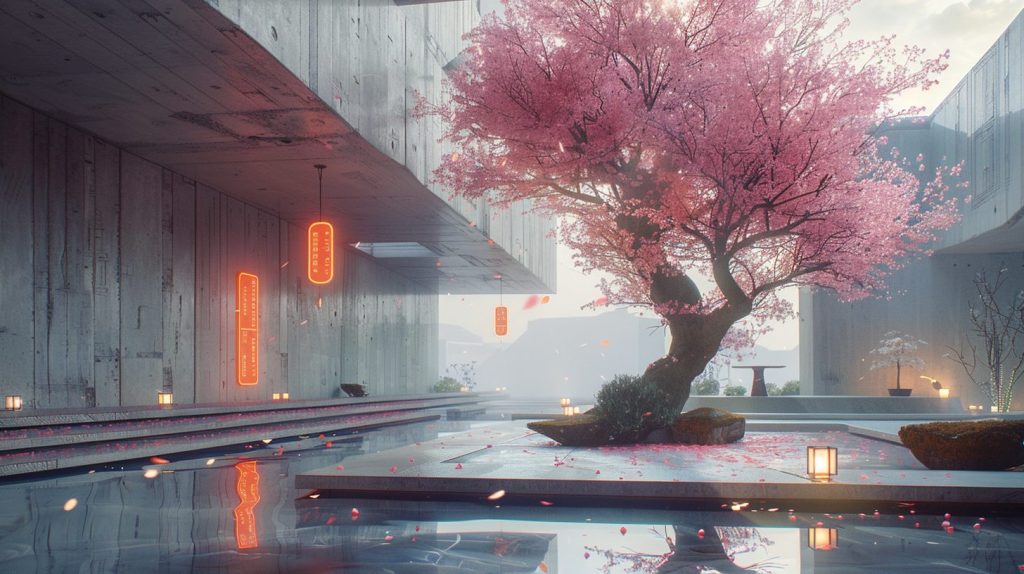 Brutalist-Style Concrete House Interiors with Cherry Blossom Trees AI Artwork 6