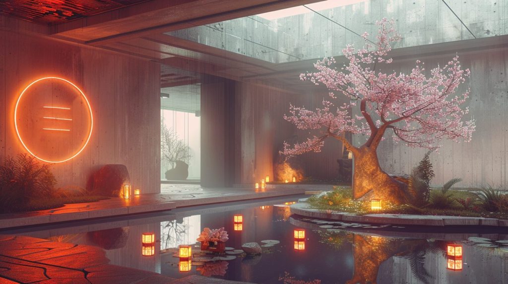 Brutalist-Style Concrete House Interiors with Cherry Blossom Trees AI Artwork 7