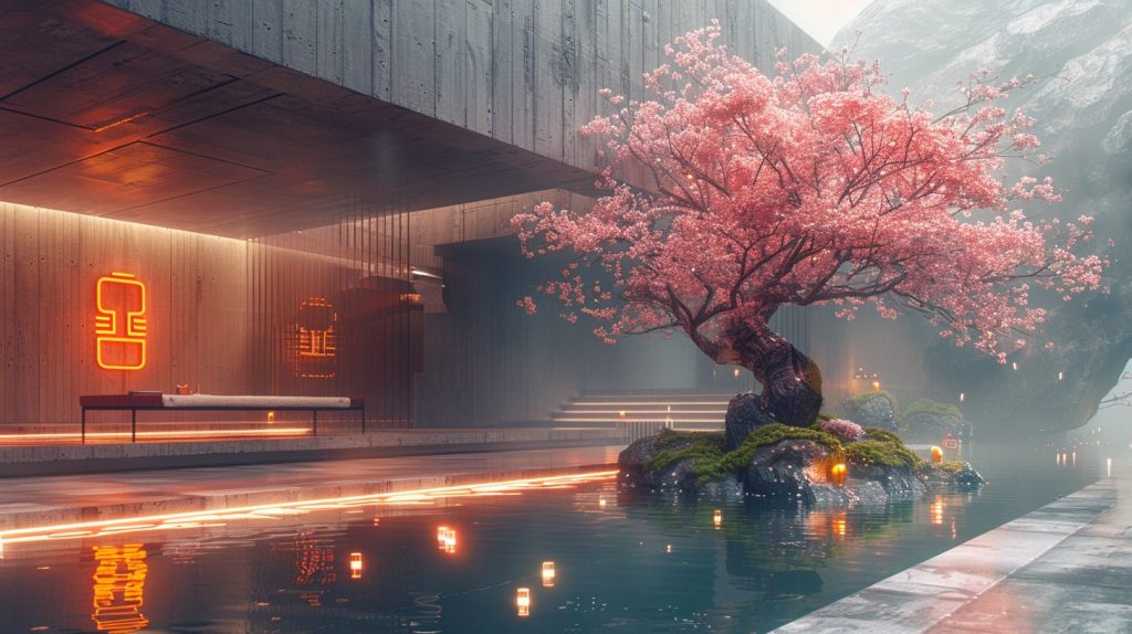 Brutalist-Style Concrete House Interiors with Cherry Blossom Trees AI Artwork 8