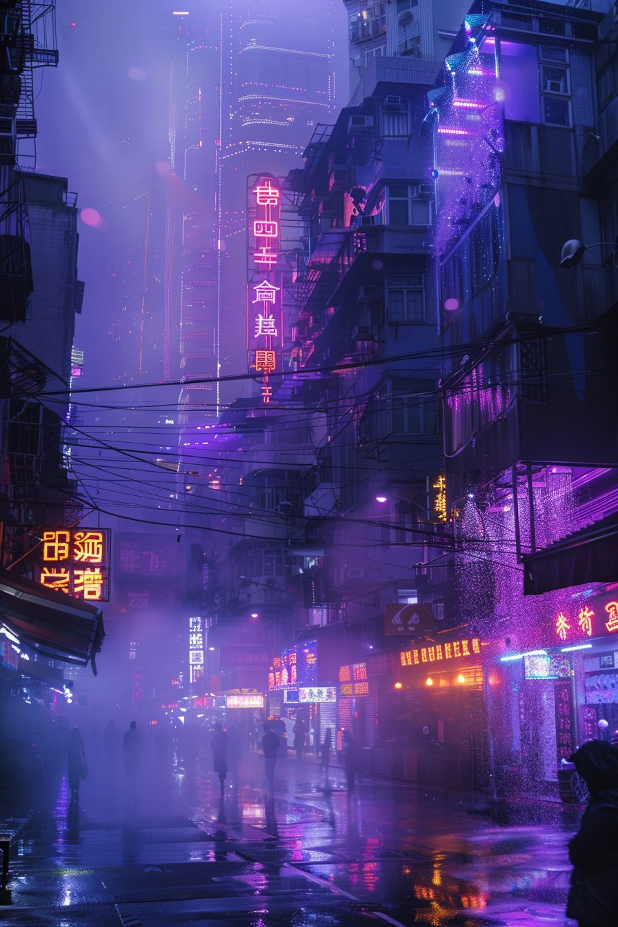 Cyberpunk Cityscapes with Purple and Orange Neon Lights
