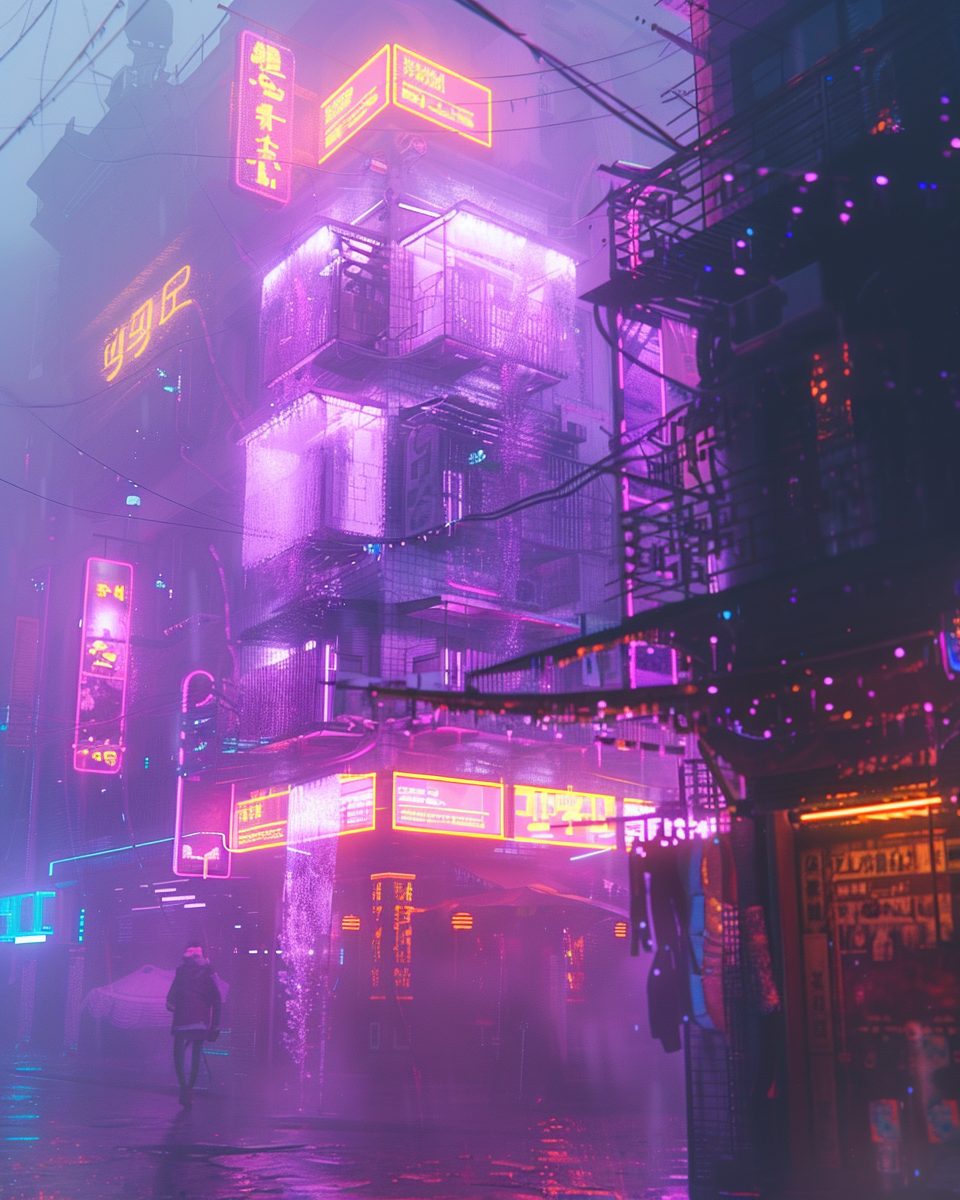 Cyberpunk Cityscapes with Purple and Orange Neon Lights