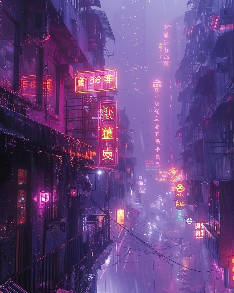 Cyberpunk Cityscapes with Purple and Orange Neon Lights