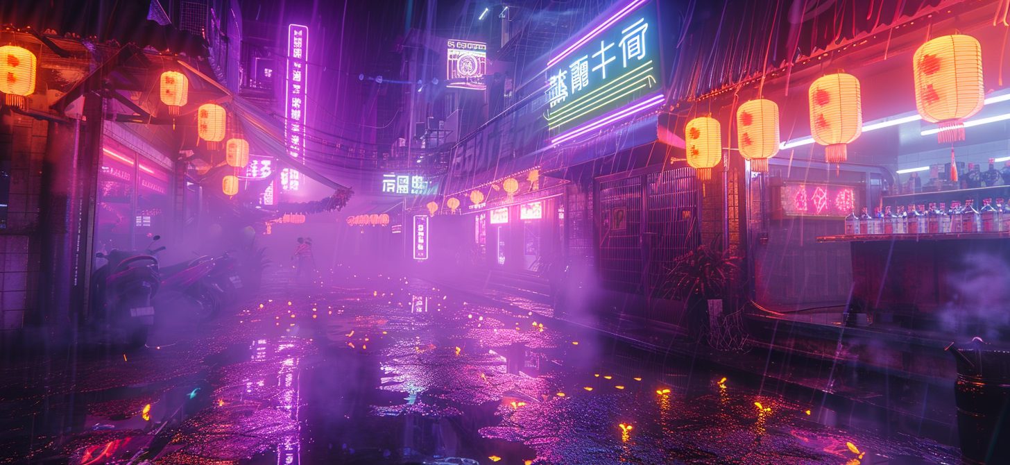 Cyberpunk Cityscapes with Purple and Orange Neon Lights