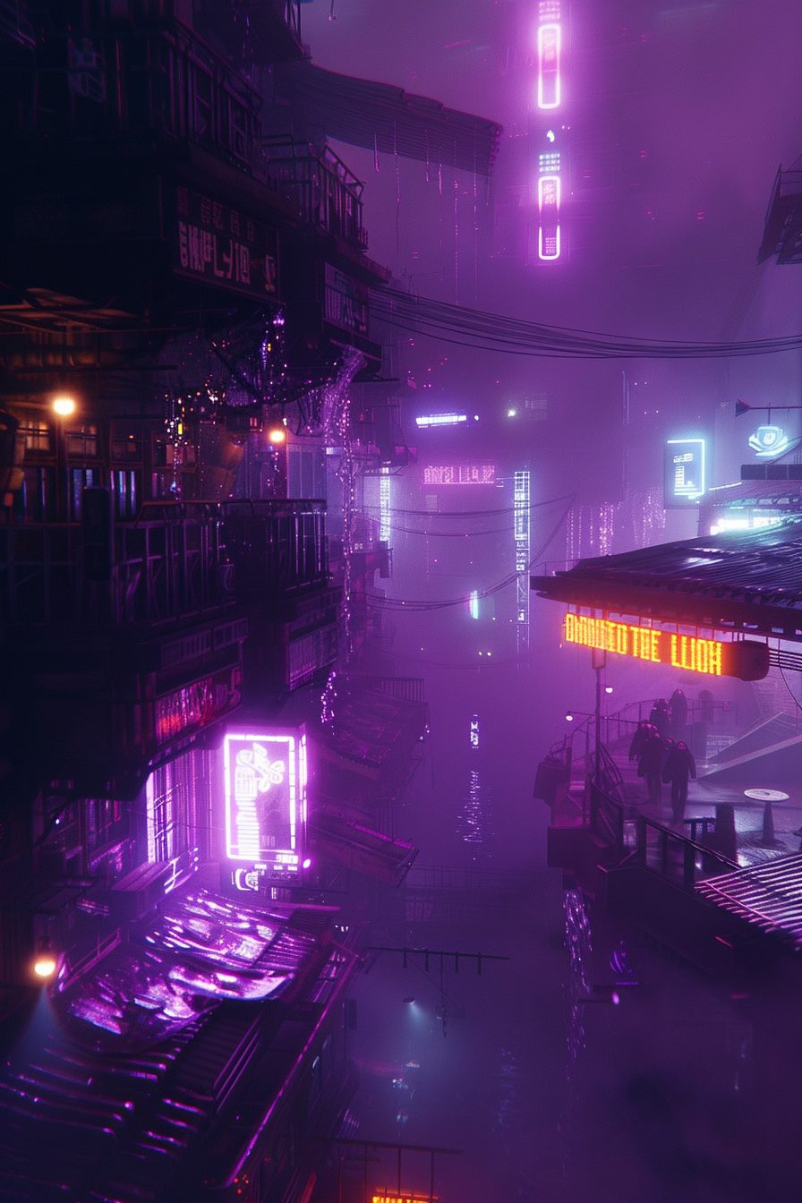 Cyberpunk Cityscapes with Purple and Orange Neon Lights