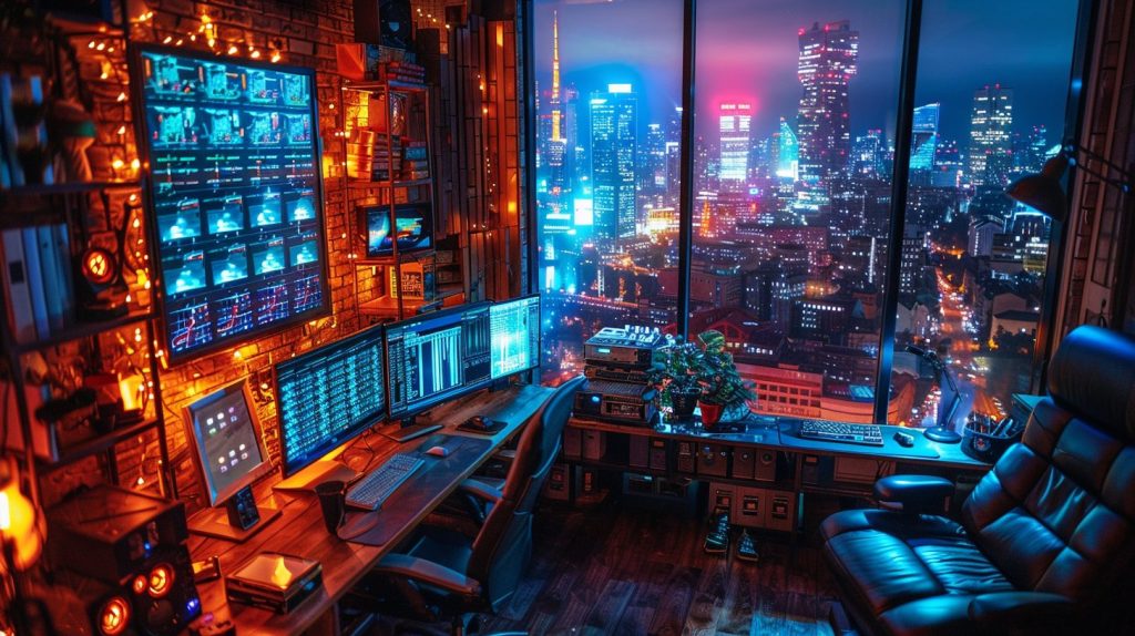 Home Computer Rooms with Cityscape Views AI Artwork 10