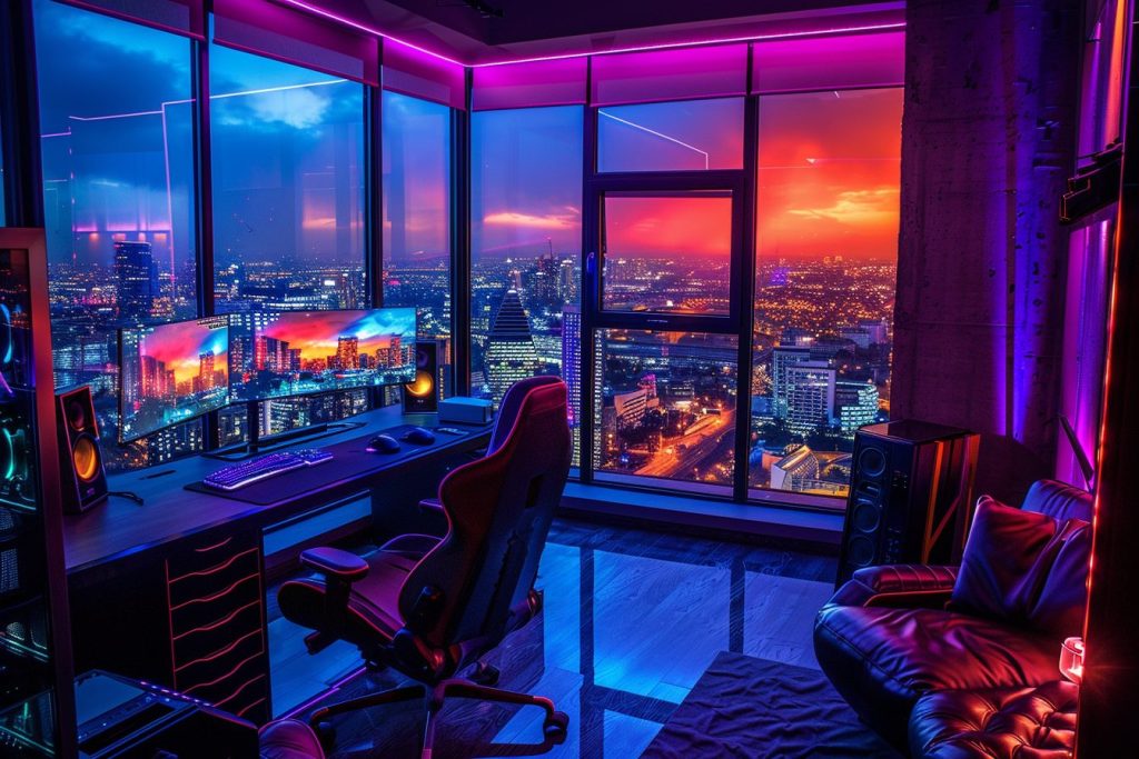 Home Computer Rooms with Cityscape Views AI Artwork 11