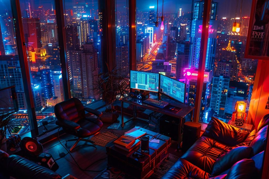 Home Computer Rooms with Cityscape Views AI Artwork 12