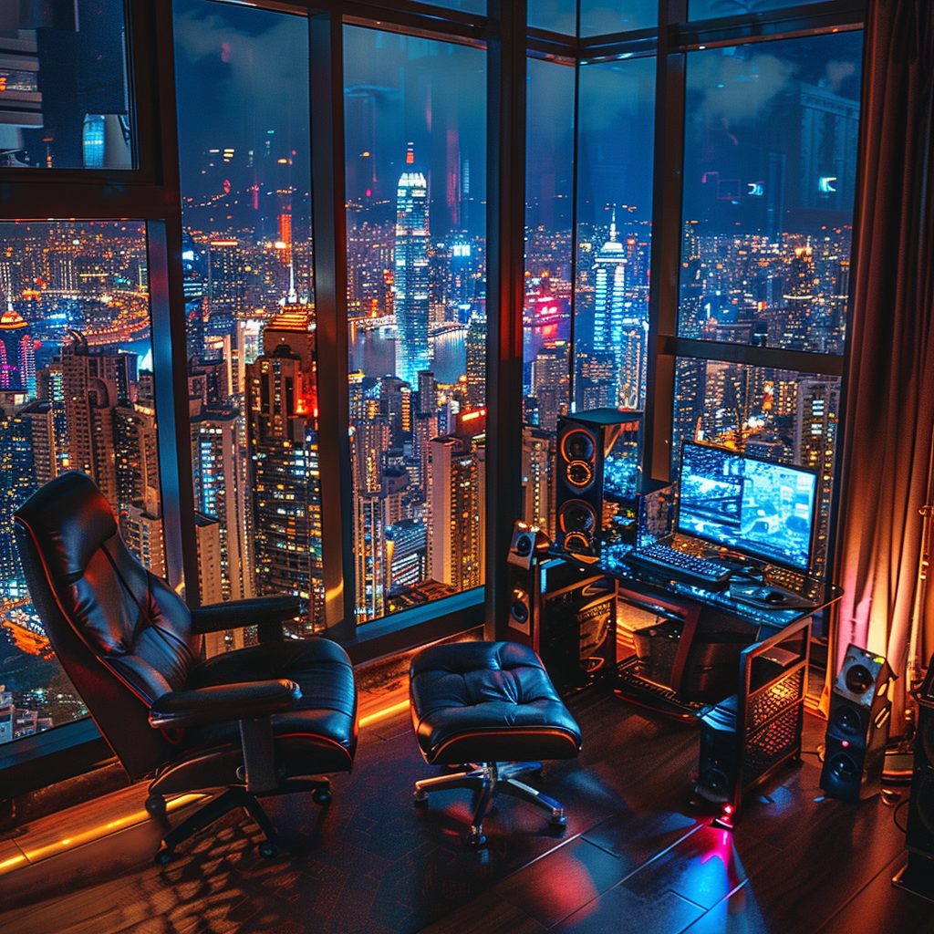 Home Computer Rooms with Cityscape Views AI Artwork 16