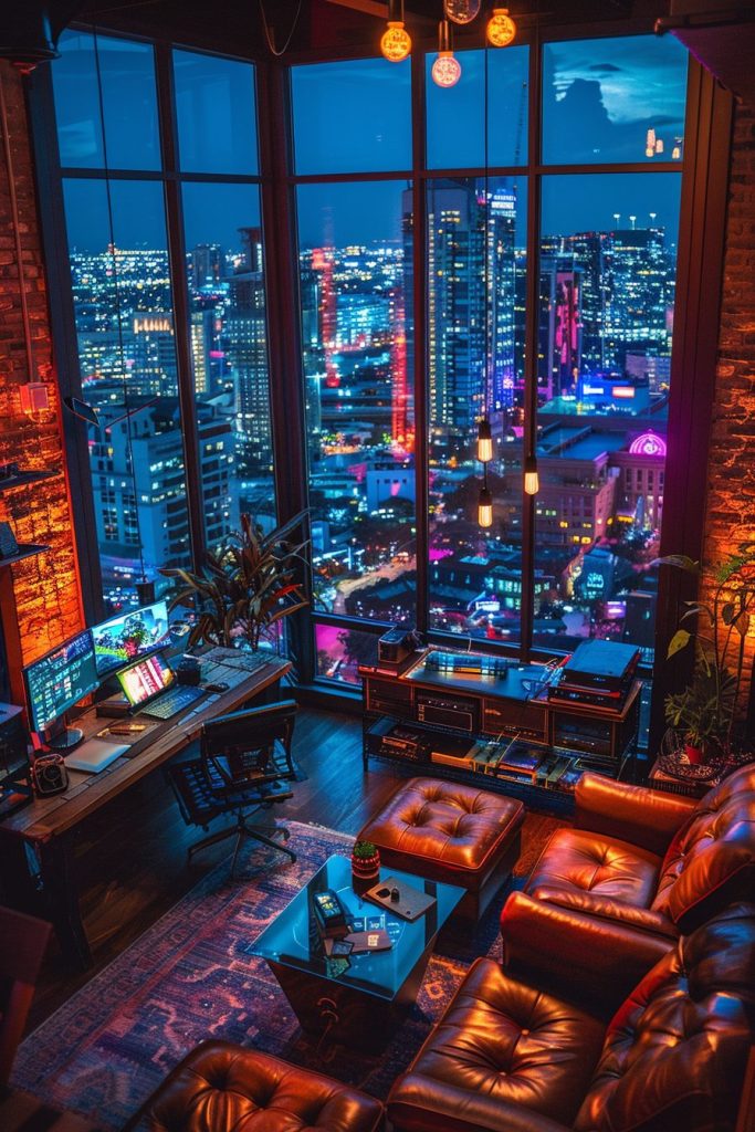 Home Computer Rooms with Cityscape Views AI Artwork 22