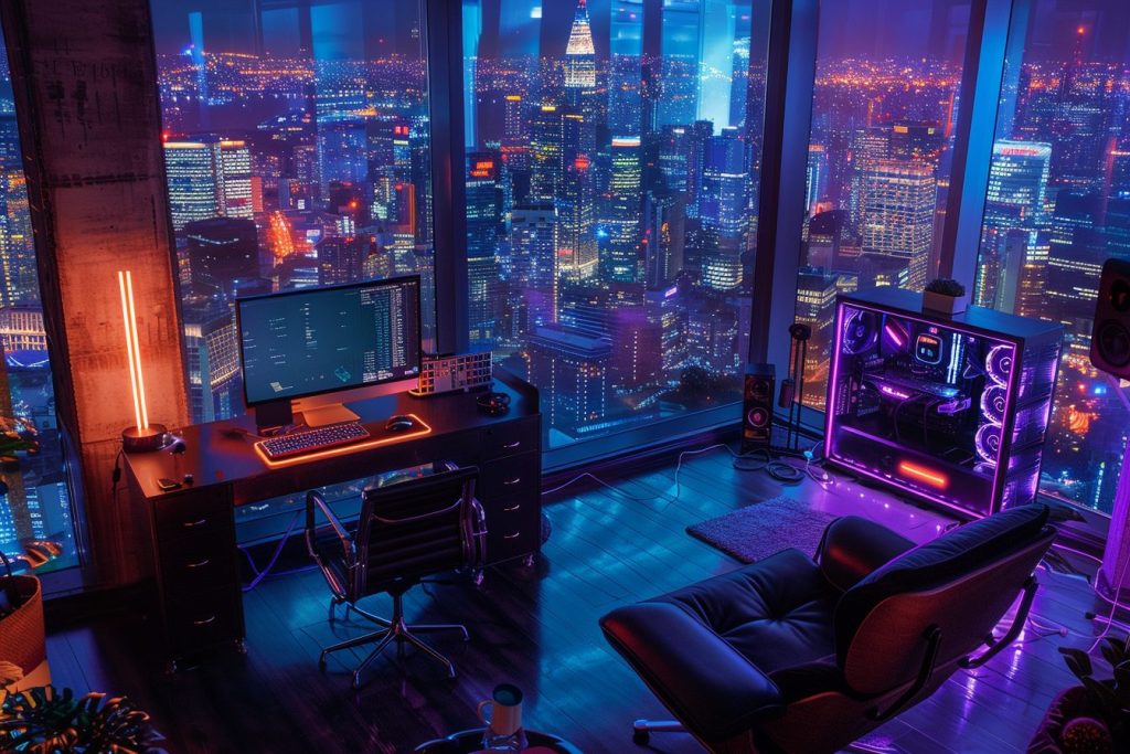 Home Computer Rooms with Cityscape Views AI Artwork 3