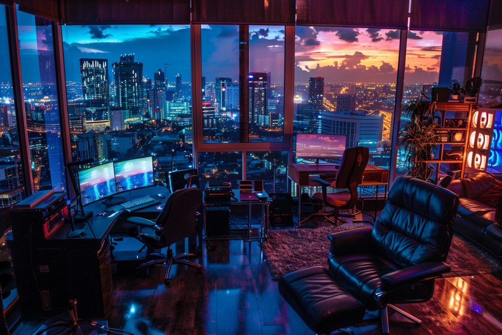 Home Computer Rooms with Cityscape Views AI Artwork 4