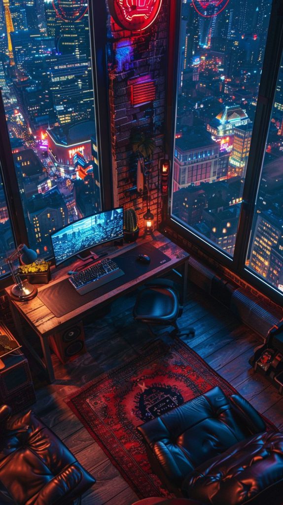 Home Computer Rooms with Cityscape Views AI Artwork 6