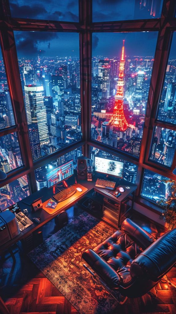 Home Computer Rooms with Cityscape Views AI Artwork 9