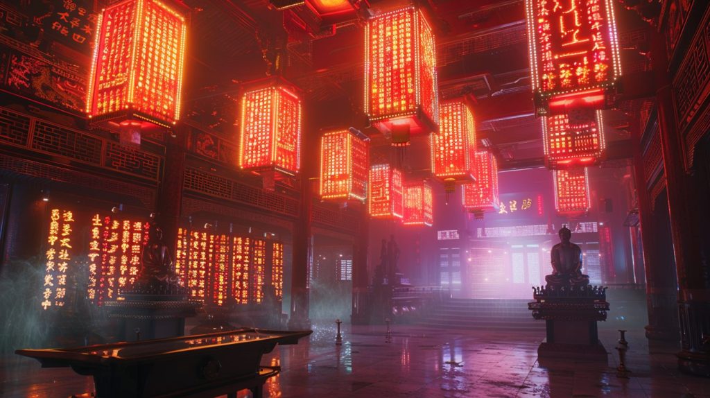 The Interiors of Cyberpunk Temples AI Artwork 3