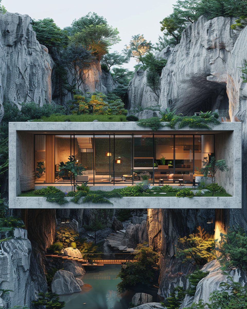 Brutalist Houses In Between Rocky Hills