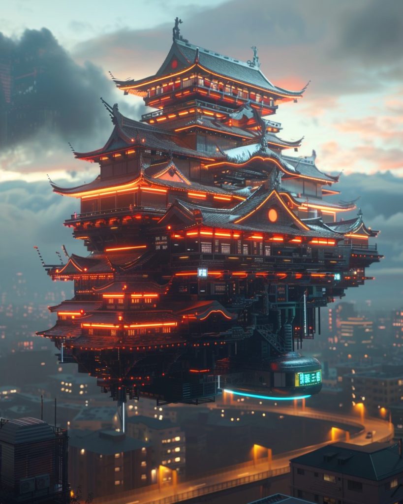 The Futuristic Japanese Castles High Above the City AI Artwork 14