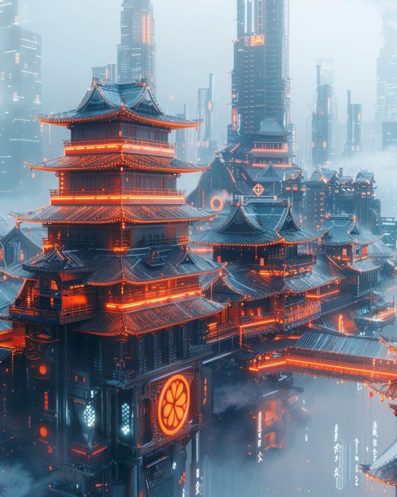 The Futuristic Japanese Castles High Above the City AI Artwork 16