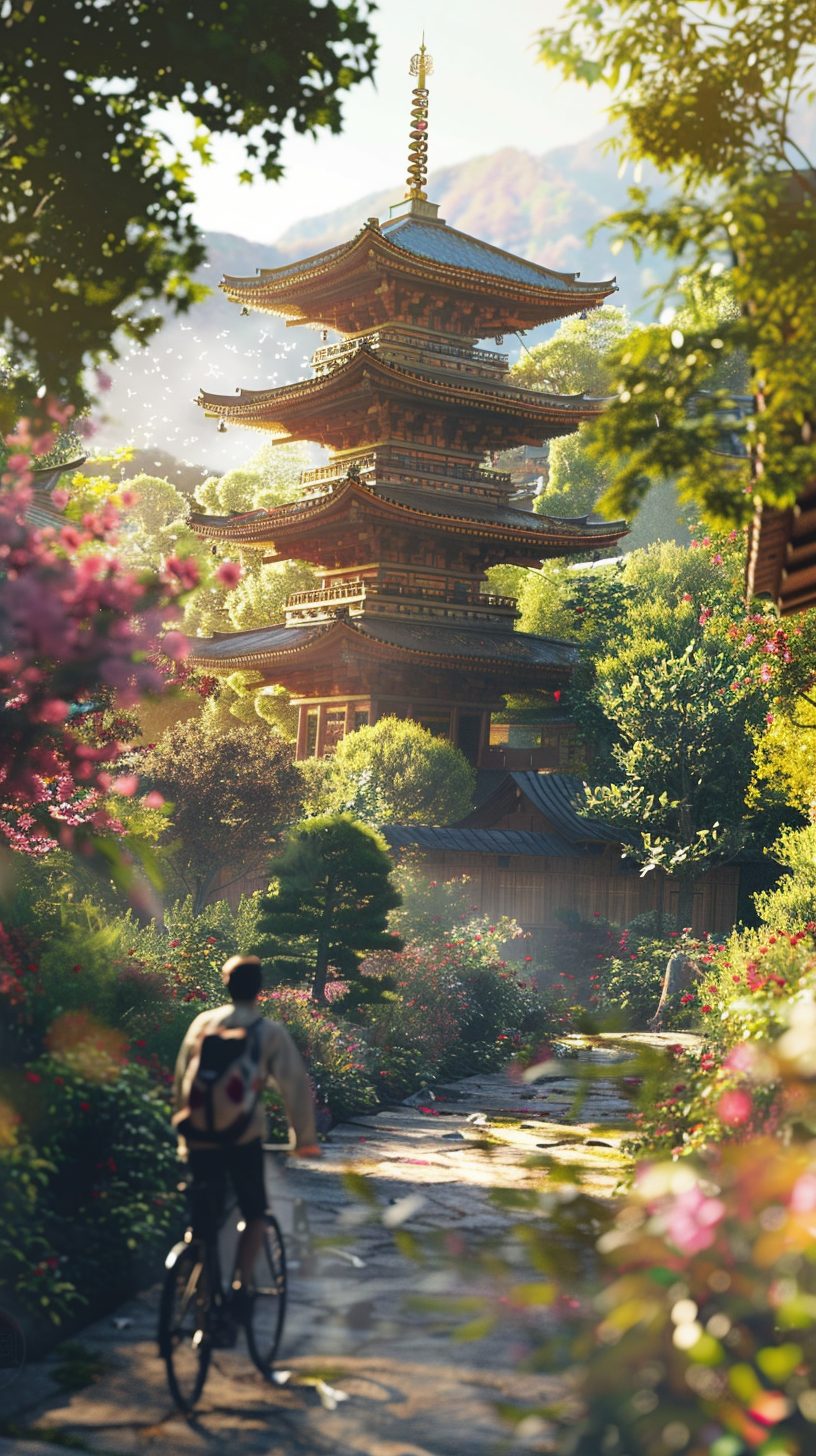 Wooden Towers with Japanese Floral Wall Designs