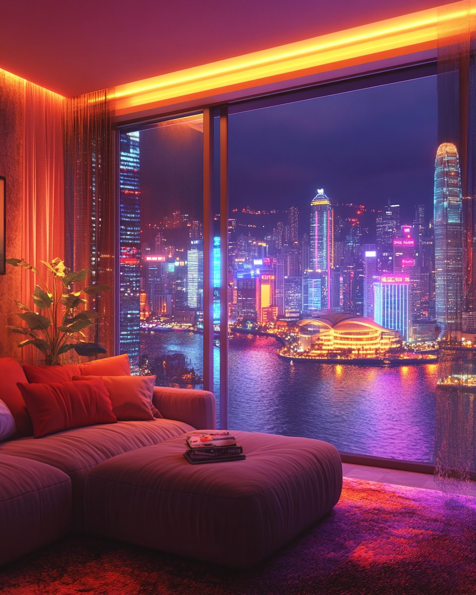 Cyberpunk Apartment Living Room with a Waterfront View
