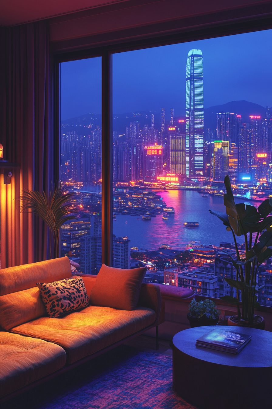 Cyberpunk Apartment Living Room with a Waterfront View