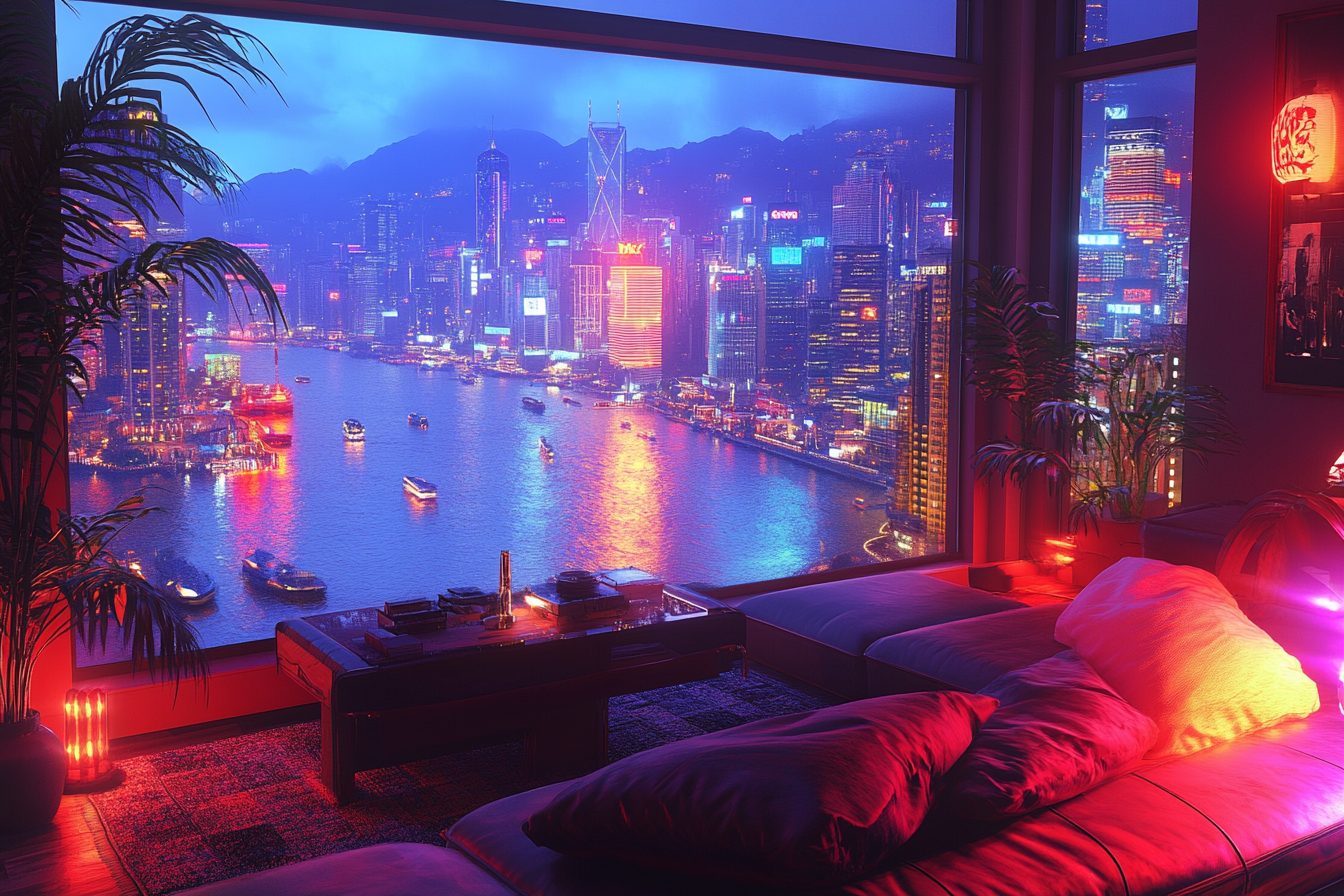 Cyberpunk Apartment Living Room with a Waterfront View