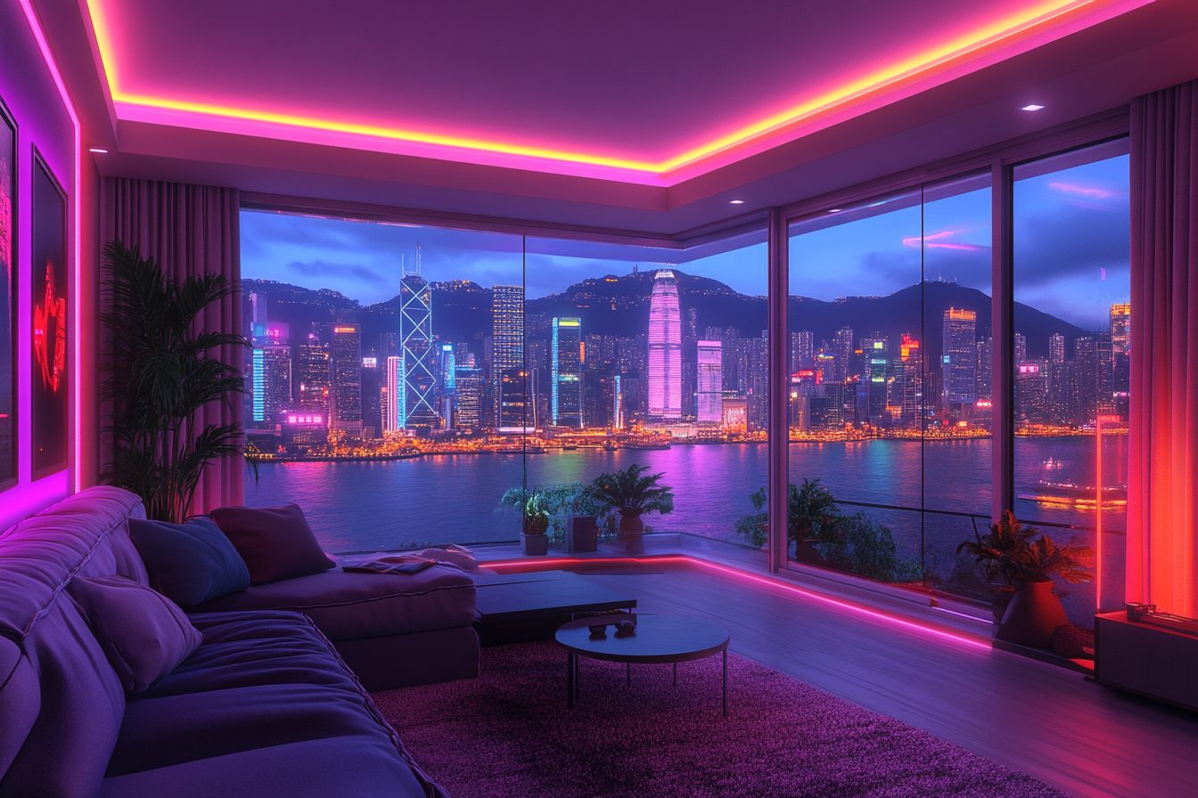 Cyberpunk Apartment Living Room with a Waterfront View
