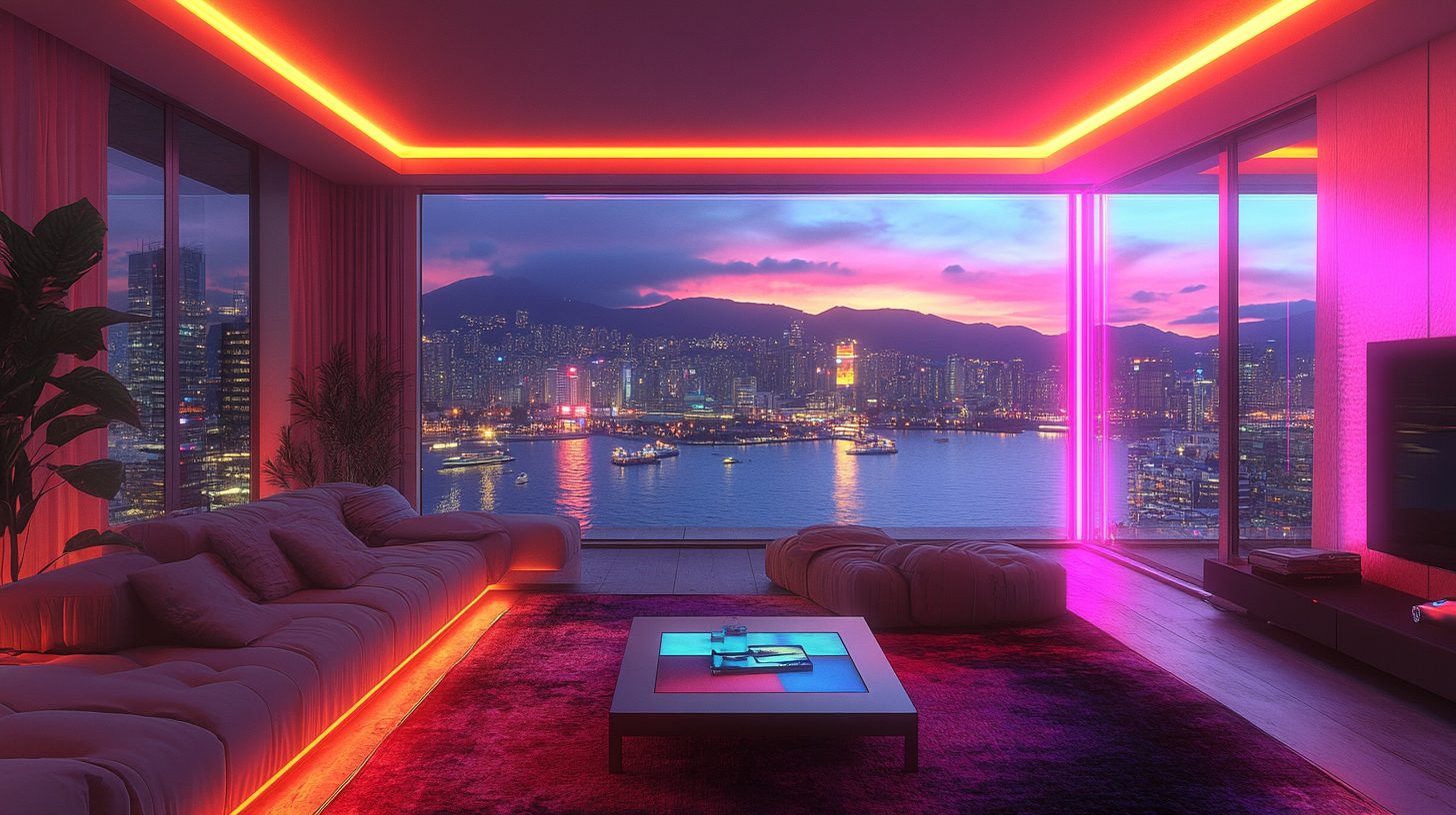 Cyberpunk Apartment Living Room with a Waterfront View