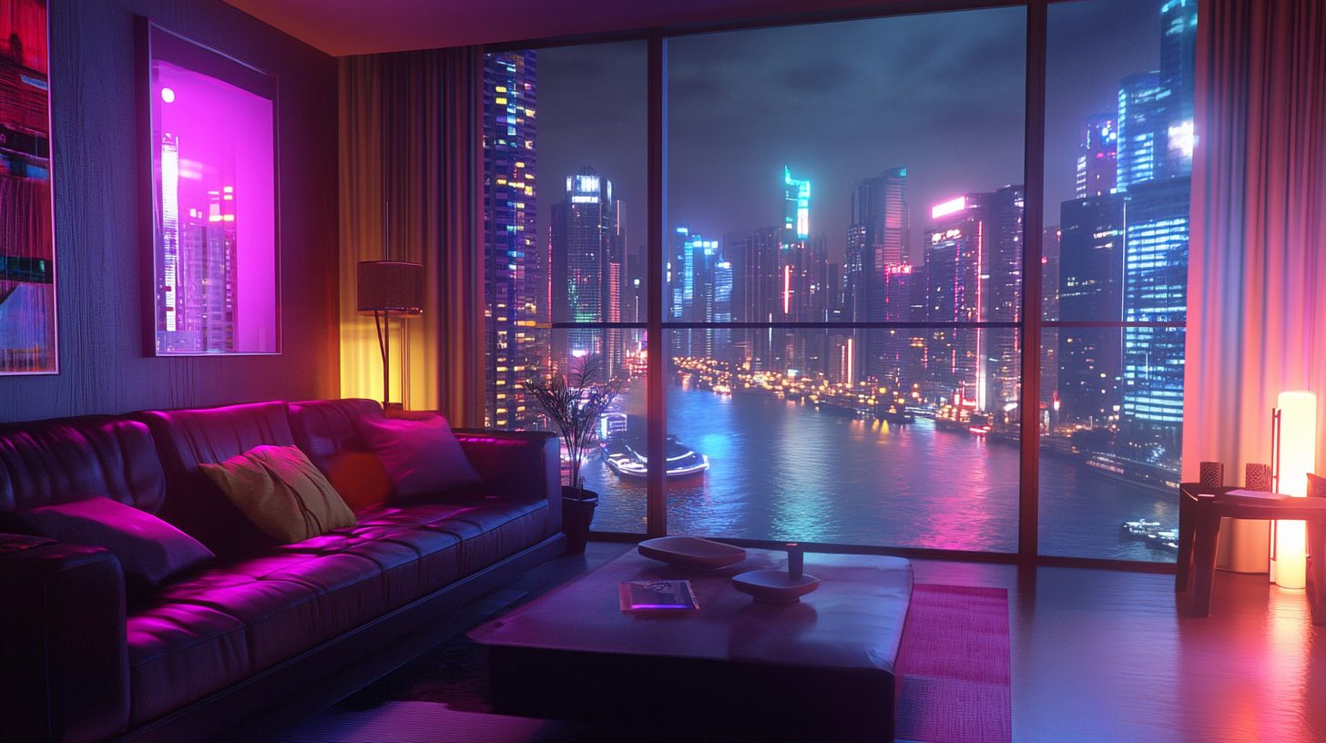 Cyberpunk Apartment Living Room with a Waterfront View