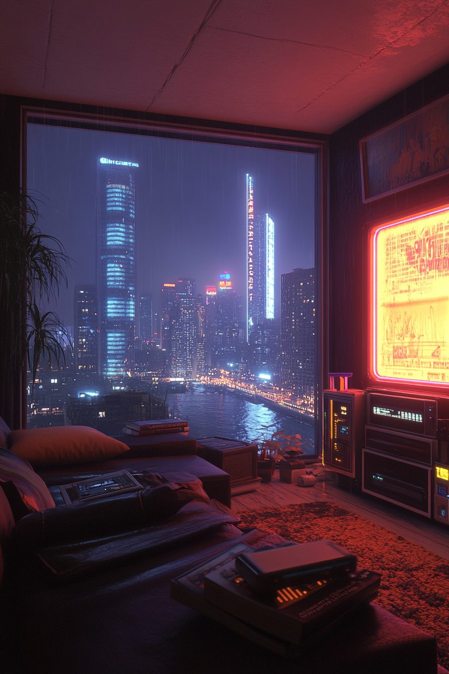 Cyberpunk Apartment Living Room with a Waterfront View
