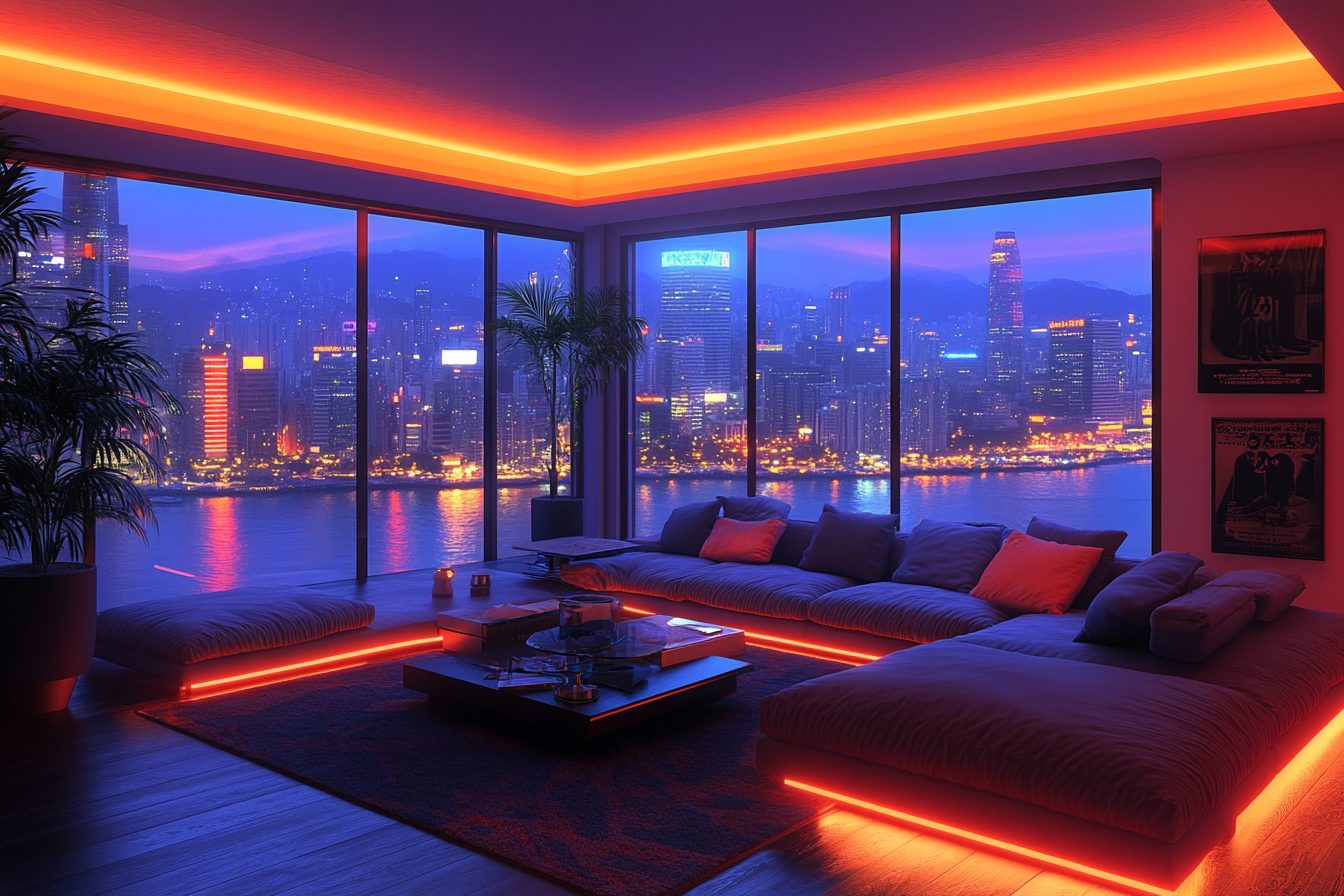 Cyberpunk Apartment Living Room with a Waterfront View